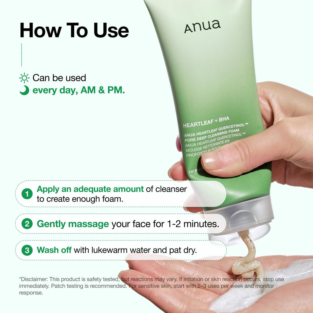 ANUA Heartleaf Quercetinol Pore Deep Cleansing Foam, Facial Cleanser, for Double Cleansing, BHA, Hyaluronic Acid, Glycerin, Face Wash, Blackhead Remover, (150ml/5.07 fl.oz.)
